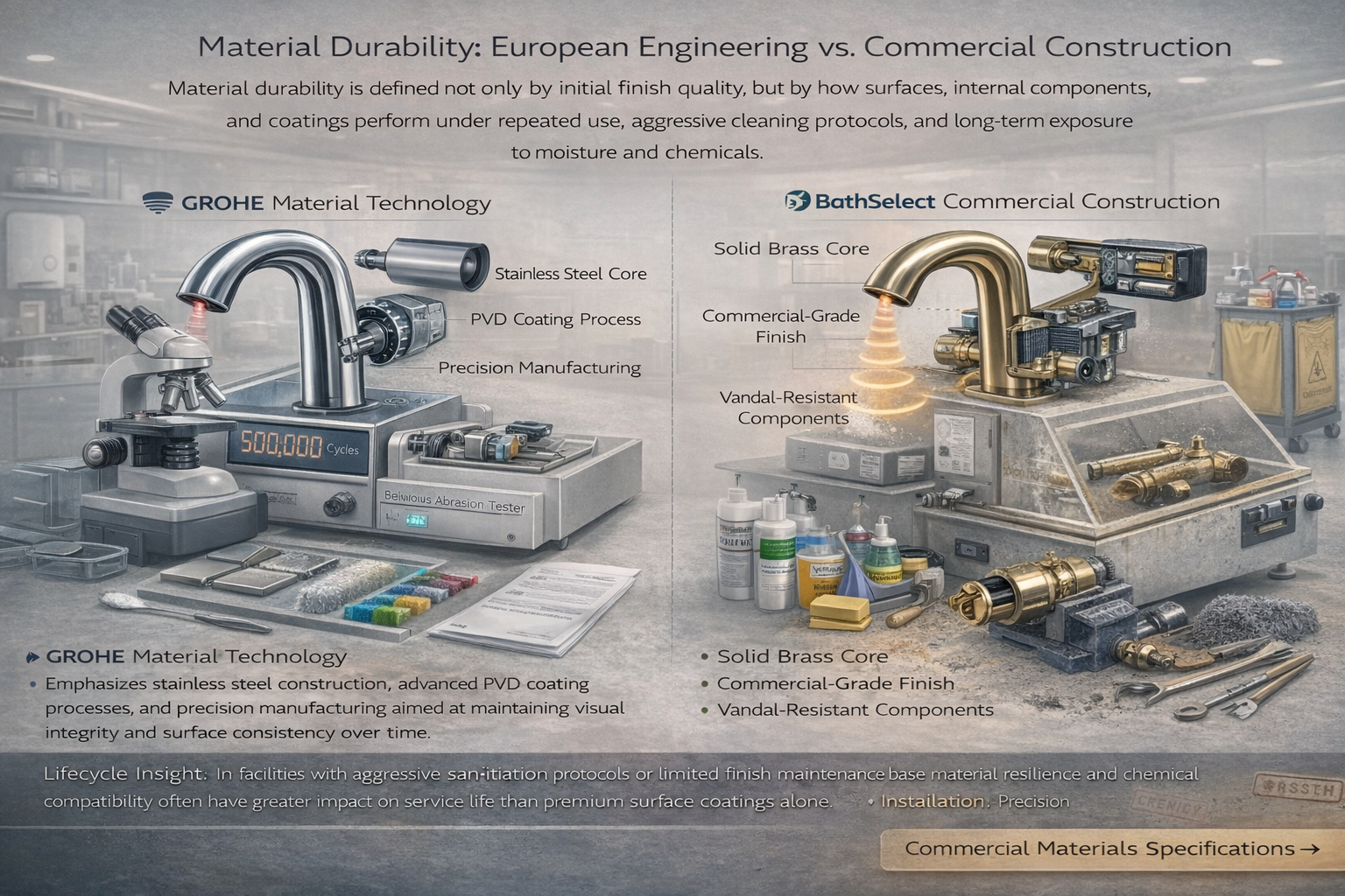 Commercial faucet material durability illustrating differences between stainless steel precision finishes and solid brass construction under high-use and chemical exposure